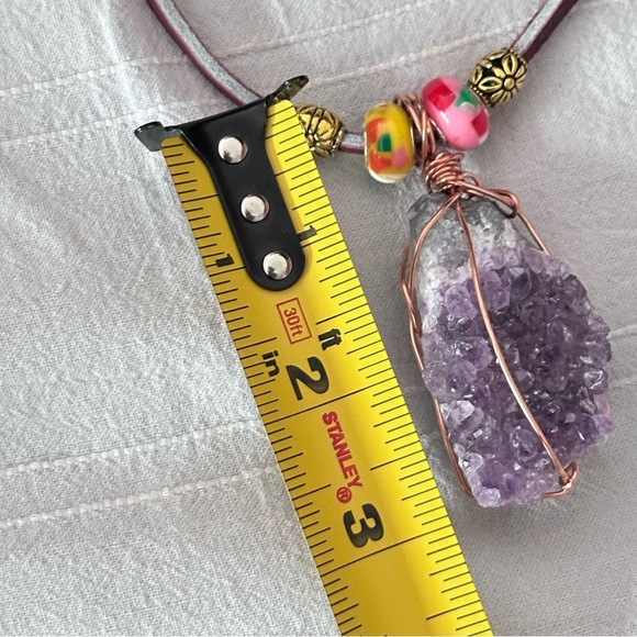 Amethyst Crystalline Wire Wrapped Stone Pendant Necklace Handmade Leather Cord - Picture 9 of 15
